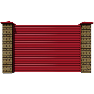 Секция забора жалюзи из ламелей еврожалюзи RAL3003 Рубин с кирпичными столбами анфас