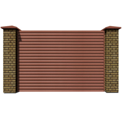 Секция забора жалюзи из ламелей еврожалюзи RAL8004 Терракотовый Стальной Бархат с кирпичными столбами анфас